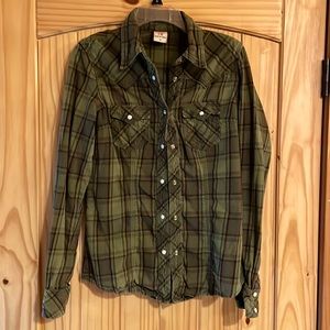 True Religion snap up green plaid flannel shirt
